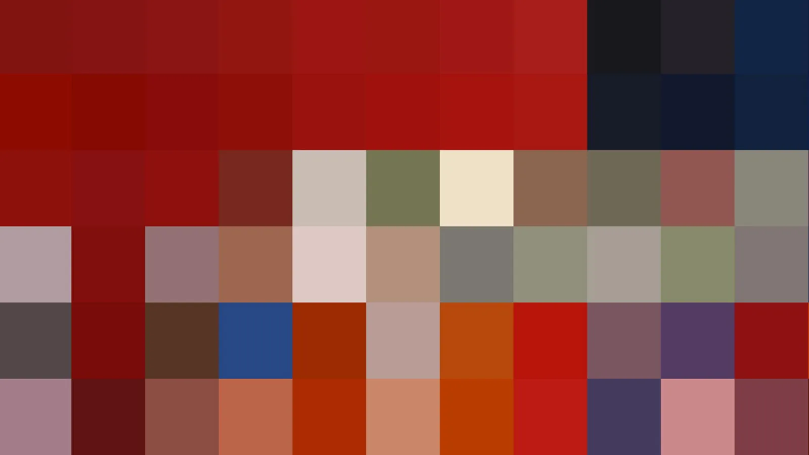 Raster aus farbigen Quadraten in verschiedenen Rot-, Blau-, Beige- und Grüntönen, die ein abstraktes Muster bilden.