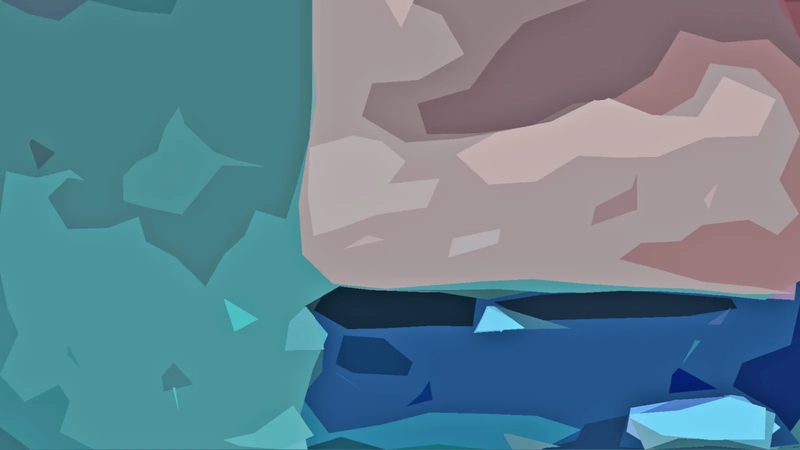 Abstraktes Bild aus kantigen, polygonalen Flächen in Türkis, Blau und Rosé-Beige, links ein dunkleres Türkis, unten ein tiefes Blau.
