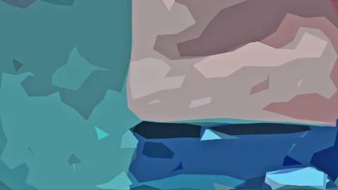 Abstraktes Bild aus kantigen, polygonalen Flächen in Türkis, Blau und Rosé-Beige, links ein dunkleres Türkis, unten ein tiefes Blau.
