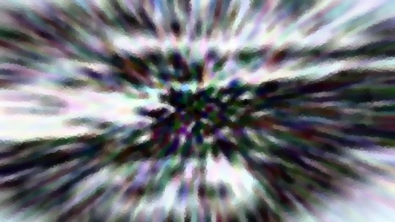 Abstraktes Bild mit radialem Zoomeffekt: helle und dunkle Streifen laufen von den Rändern auf einen dunklen Mittelpunkt zu, die Farben sind grünlich, violett und weiß.