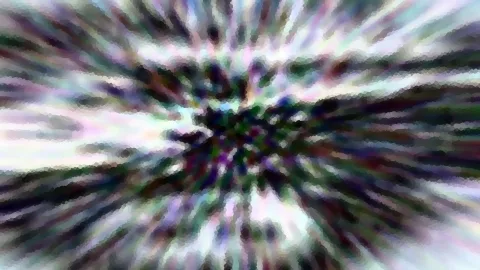 Abstraktes Bild mit radialem Zoomeffekt: helle und dunkle Streifen laufen von den Rändern auf einen dunklen Mittelpunkt zu, die Farben sind grünlich, violett und weiß.