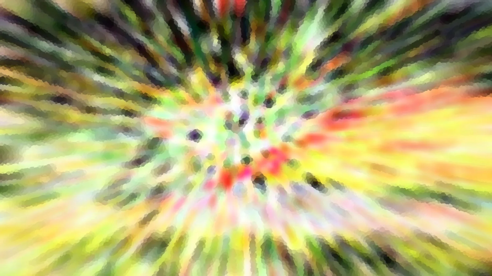 Abstrakte Komposition aus farbigen Streifen, die von einem hellen Zentrum mit kleinen dunklen Punkten radial nach außen laufen, in Gelb, Grün, Rot und Schwarz, mosaikartig gepixelt.