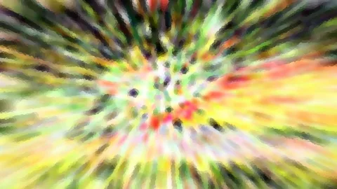 Abstrakte Komposition aus farbigen Streifen, die von einem hellen Zentrum mit kleinen dunklen Punkten radial nach außen laufen, in Gelb, Grün, Rot und Schwarz, mosaikartig gepixelt.