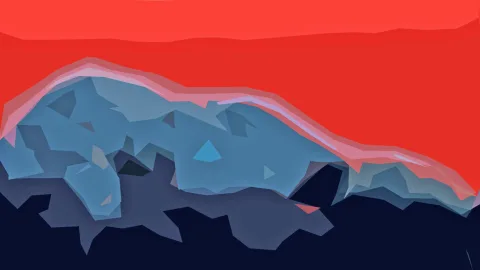 Abstrakte Komposition aus blaugrauen, facettenartigen Bergformen vor einem roten Himmel, unten dunkelblau