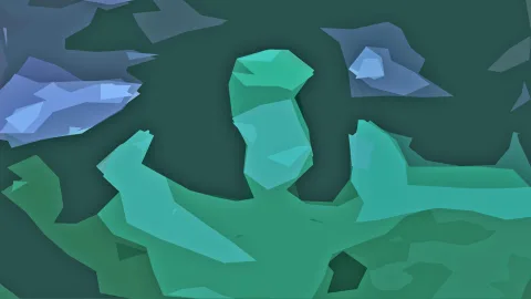Abstrakte, aus Flächen zusammengesetzte Figur in Grün- und Türkistönen mit erhobenen Armen vor dunklem Hintergrund, oben links und rechts blau-violette Formen.
