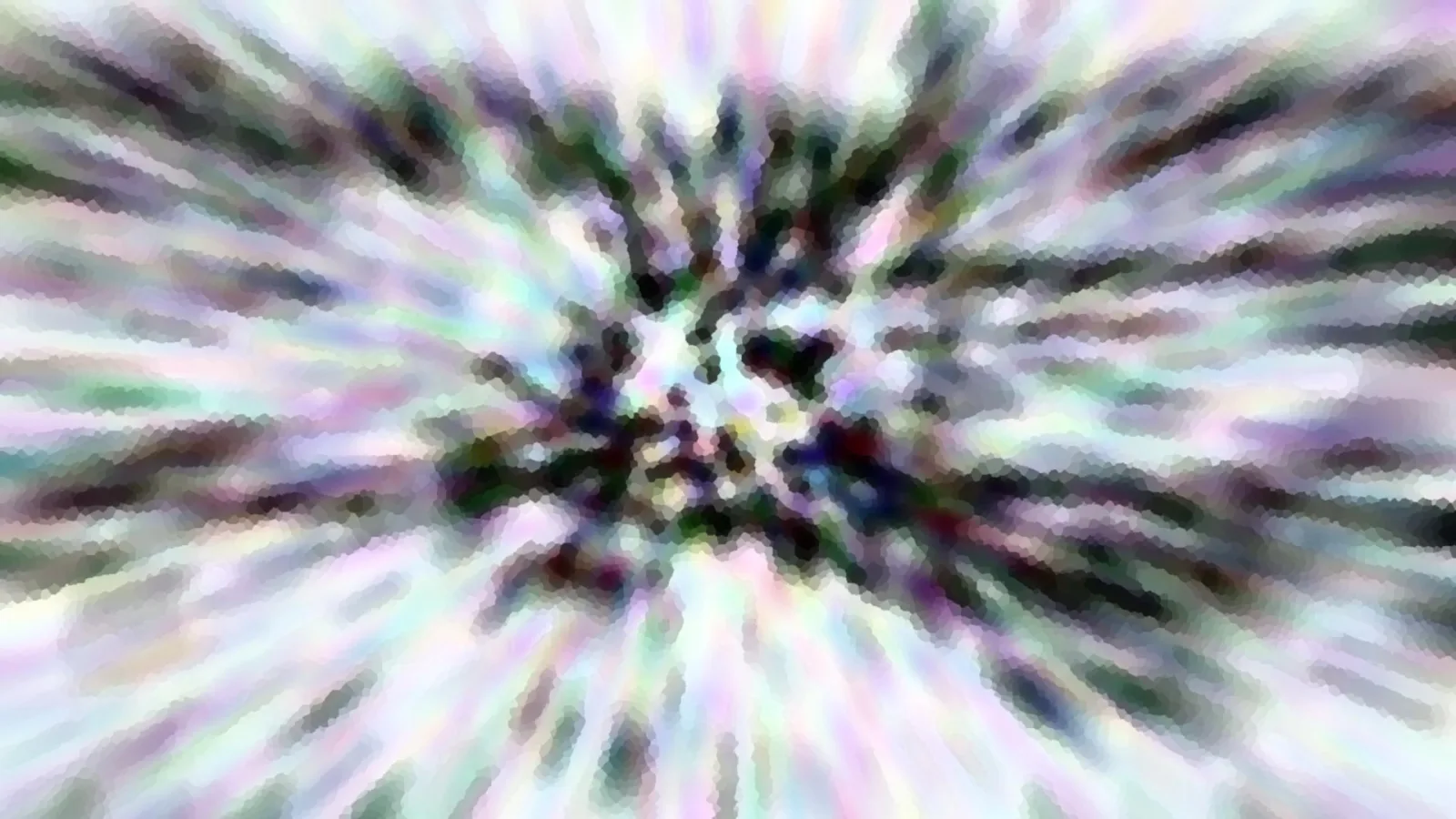 Abstraktes, pixeliges Bild mit radialen Schlieren in Pastellweiß, Grün und Violett, die von einem dunklen Zentrum nach außen strahlen.