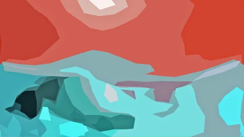 Abstrakte Komposition aus großen, kantigen Flächen in Korallrot und Türkis, unten eine dunkle Höhlenform, in der Mitte ein violetter Fleck.