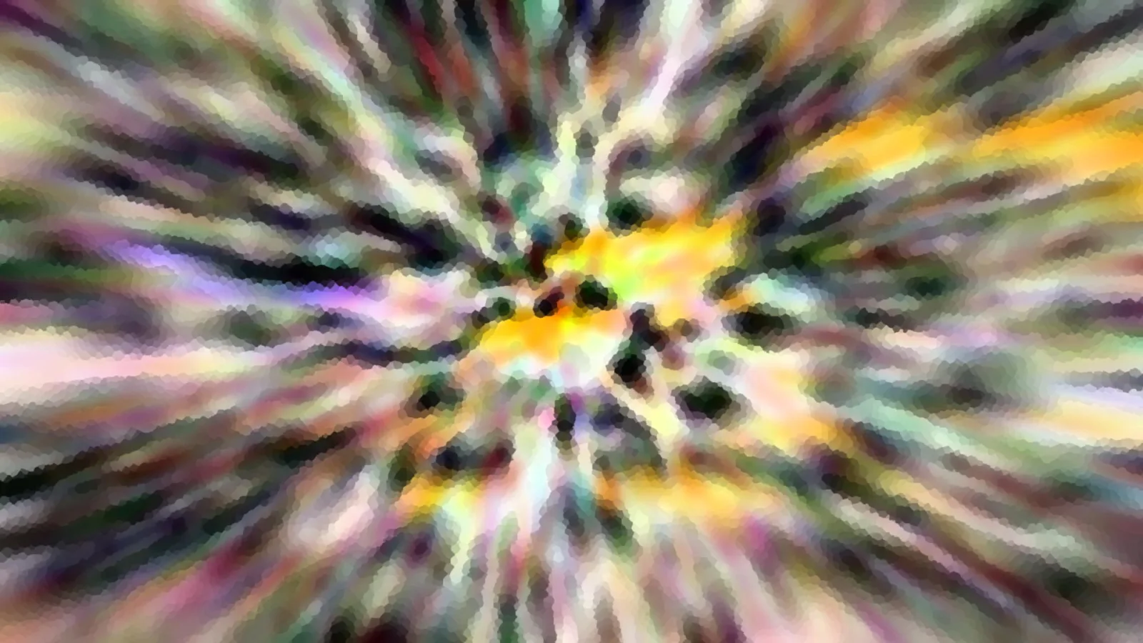 Abstrakte radiale Unschärfe in Gelb, Grün, Violett und Weiß mit mosaikartiger Pixelstruktur, die vom Zentrum nach außen strahlt.