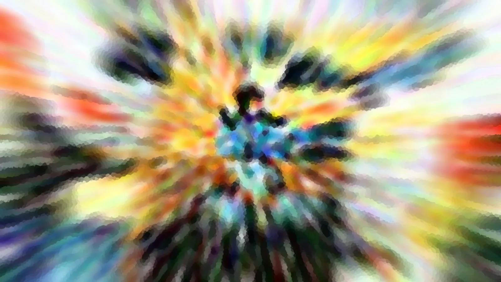 Abstrakte Komposition aus radial verwischten Farbstrahlen in Gelb, Rot, Blau und Grün, im Zentrum eine dunkle, schemenhafte Figur.