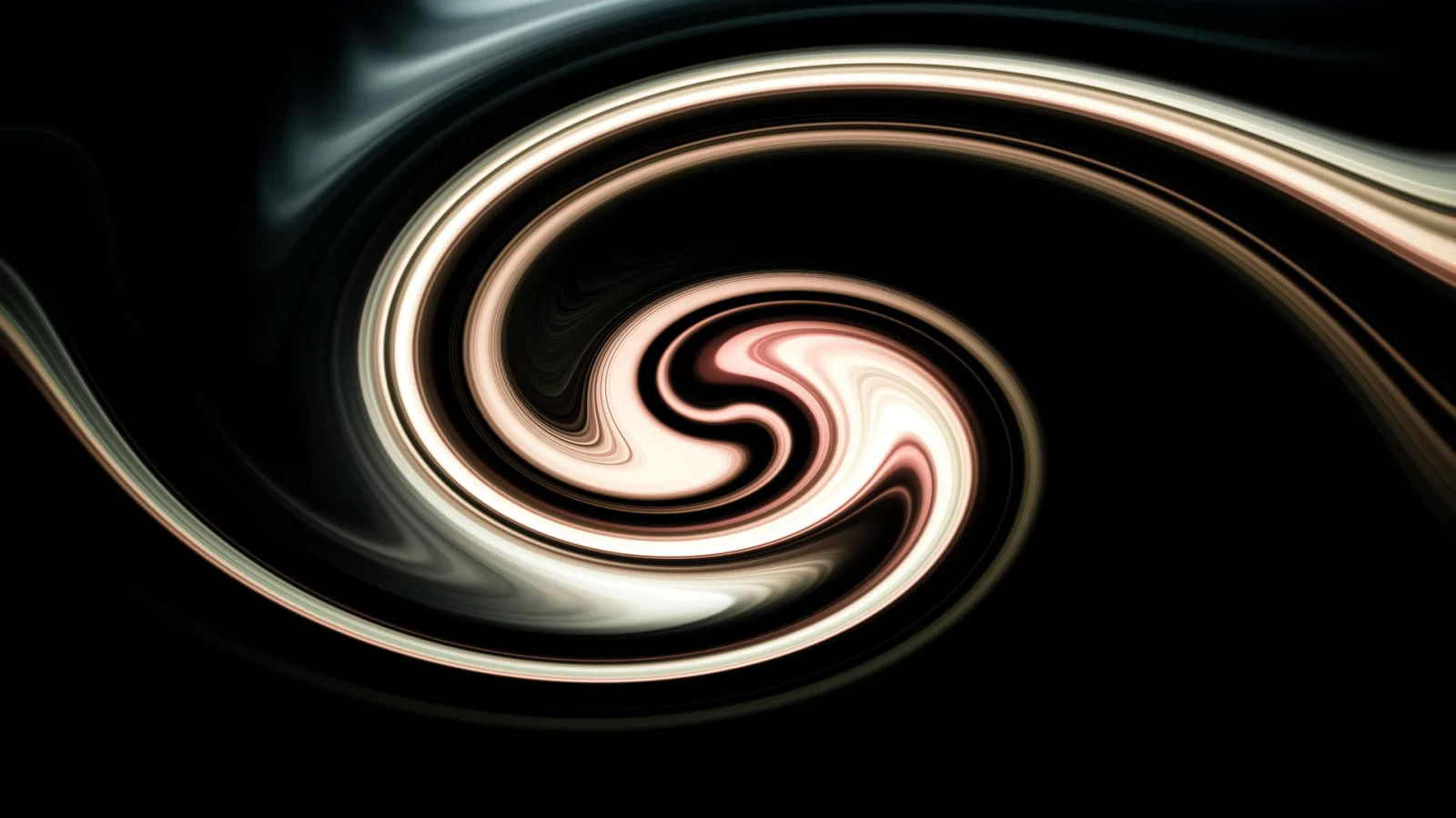 Abstrakte spiralförmige Verwirbelung aus cremefarbenen, rosébraunen und grauen Schlieren auf schwarzem Hintergrund.