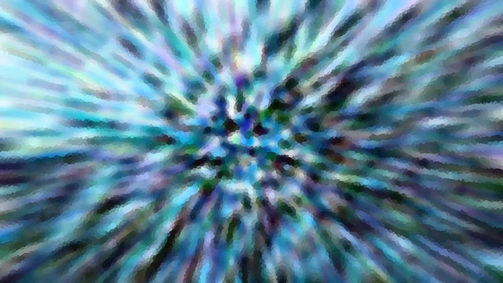 Abstraktes Bild mit radial von der Mitte nach außen verlaufenden Streifen in Blau, Türkis, Grün und Violett, die im Zentrum wirbeln und zu einem dichten Muster zerfallen.
