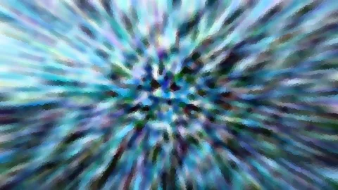 Abstraktes Bild mit radial von der Mitte nach außen verlaufenden Streifen in Blau, Türkis, Grün und Violett, die im Zentrum wirbeln und zu einem dichten Muster zerfallen.