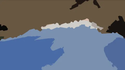 Abstrakte Komposition aus flachen Farbflächen: oben ein braunes Feld, darüber ein weißes Band mit Schneespitzen, darunter blaue Bergformen in verschiedenen Tönen.