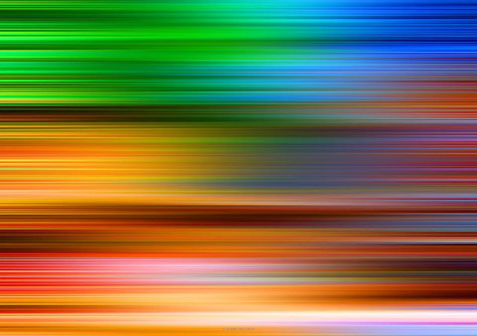 Abstrakte horizontale Streifen in Grün, Blau, Orange und Rot, die wie verwischte Bewegung wirken.