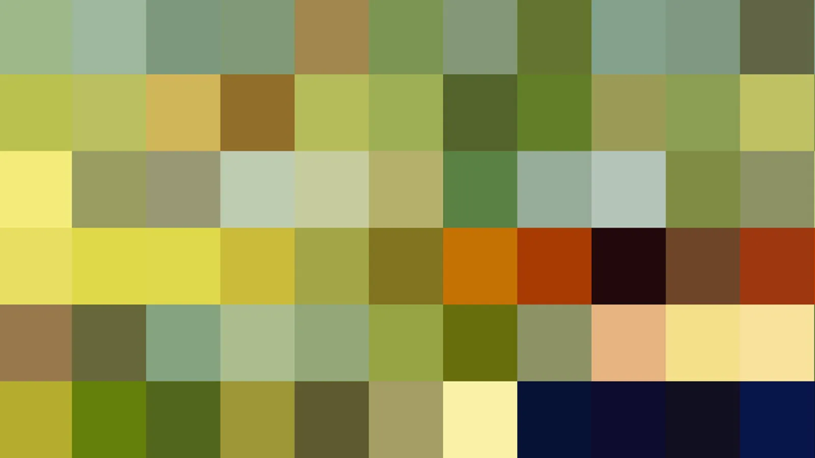 Mosaik aus quadratischen Farbfeldern in Grün, Gelb, Ocker, Rot und Dunkelblau, in sechs Reihen angeordnet