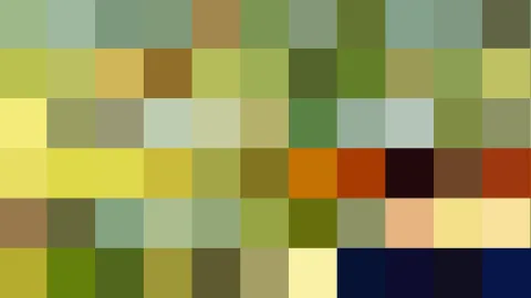 Mosaik aus quadratischen Farbfeldern in Grün, Gelb, Ocker, Rot und Dunkelblau, in sechs Reihen angeordnet