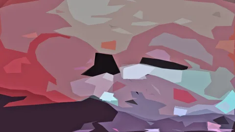 Abstrakte Komposition aus kantigen, flachen Farbflächen in Rosa, Beige, Rot und Dunkelviolett, dazwischen einzelne schwarze und helle Formen.
