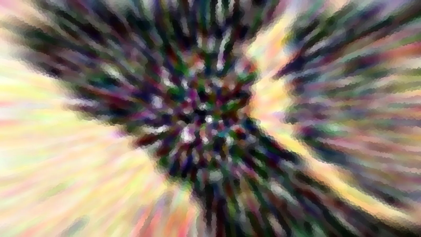 Abstraktes Bild mit radialen, bunten Streifen, die von einem dunklen Zentrum nach außen strahlen, mit pixeligem Mosaikmuster.