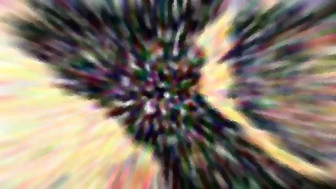 Abstraktes Bild mit radialen, bunten Streifen, die von einem dunklen Zentrum nach außen strahlen, mit pixeligem Mosaikmuster.