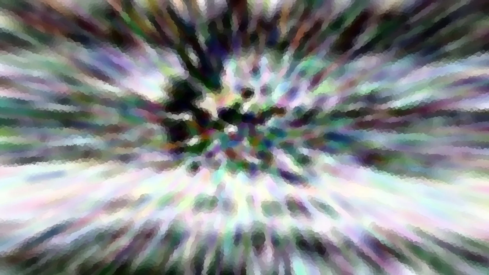 Abstrakte Komposition mit radial von einem dunklen Zentrum ausstrahlenden, bunten Streifen in Grün, Violett und Weiß, mosaikartig pixelig.
