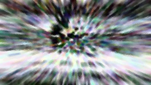 Abstrakte Komposition mit radial von einem dunklen Zentrum ausstrahlenden, bunten Streifen in Grün, Violett und Weiß, mosaikartig pixelig.