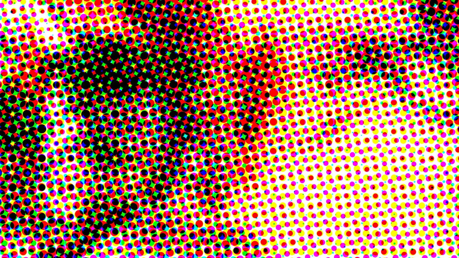 Raster aus farbigen Punkten in Rot, Gelb, Magenta und Cyan, die zur Bildmitte hin in eine große schwarze Fläche übergehen