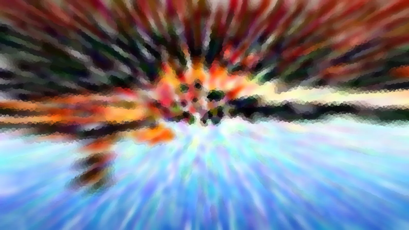 Abstrakte Komposition mit radial von der Mitte ausstrahlenden Streifen in Rot, Orange und Dunkelgrün, darunter ein blauer, pixelig verwischter Bereich.