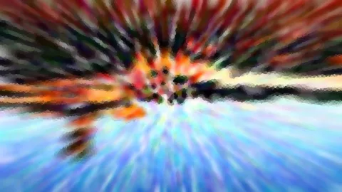 Abstrakte Komposition mit radial von der Mitte ausstrahlenden Streifen in Rot, Orange und Dunkelgrün, darunter ein blauer, pixelig verwischter Bereich.