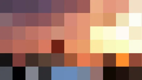 Raster aus farbigen Quadraten in Violett, Rosa, Orange, Gelb, Schwarz und Blau.