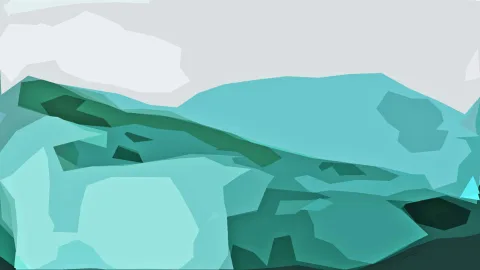Abstrakte Landschaft aus kantigen, türkisfarbenen Flächen mit dunkleren grünen Schattierungen, darüber ein hellgrauer Himmel.