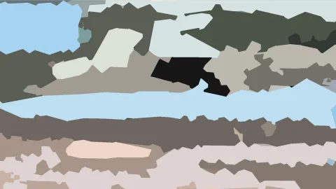 Abstraktes Bild aus unregelmäßigen, flachen Farbflächen in Hellblau, Grau, Beige und Schwarz, die sich zu einer Art Mosaik fügen.