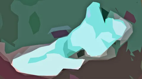 Abstrakte Komposition aus polygonalen Flächen in Türkis, Mintgrün, Dunkelgrün, Mauve und Braun, die sich zu einer fließenden Form in der Bildmitte verdichten.