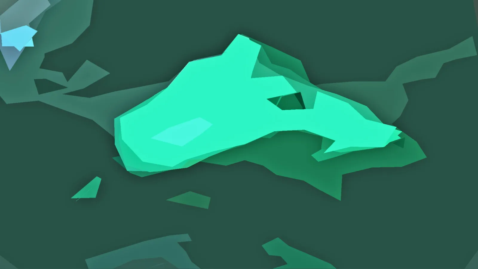 Abstrakte, facettierte türkisfarbene Form in der Bildmitte, umgeben von dunkelgrünen und mintfarbenen Flächen mit einem kleinen hellblauen Akzent oben links.
