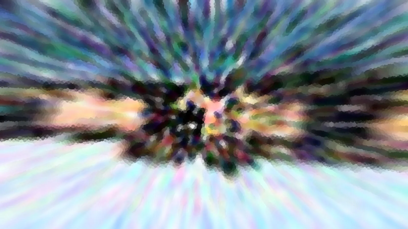 Abstrakte Komposition mit verwischten Farbstreifen, die von der Bildmitte radial nach außen laufen, in Blau, Grün, Violett und hellem Pastell.