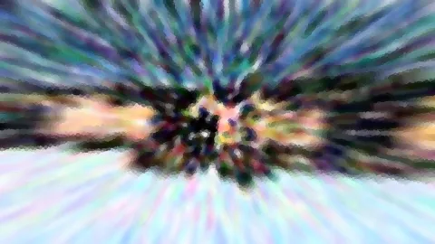 Abstrakte Komposition mit verwischten Farbstreifen, die von der Bildmitte radial nach außen laufen, in Blau, Grün, Violett und hellem Pastell.