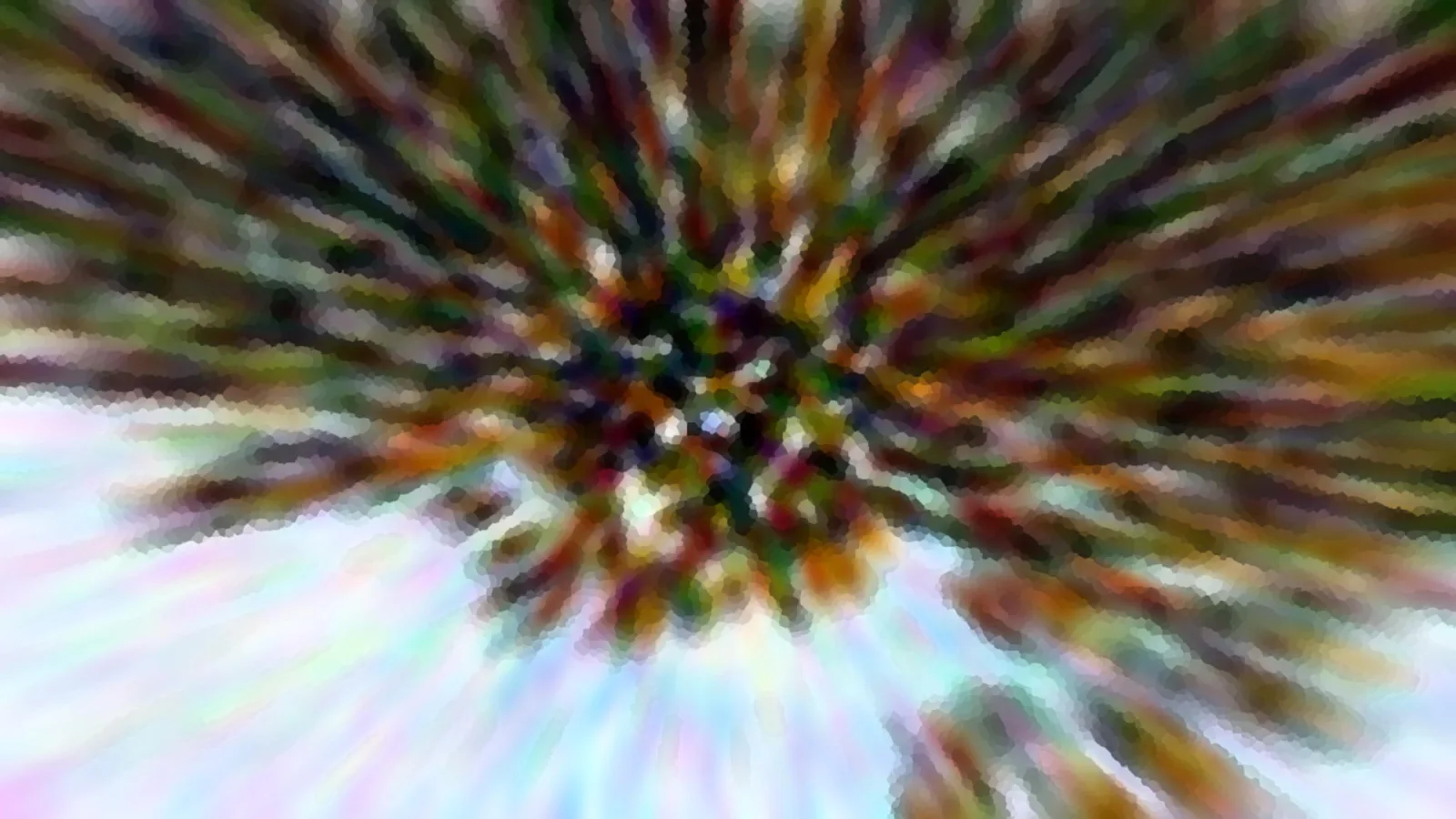 Abstraktes Bild mit bunten Streifen, die von einem dunklen Zentrum in der Mitte radial nach außen laufen, unten hell und pastellfarben.
