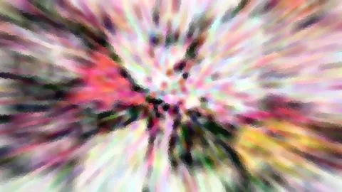 Abstrakte Komposition aus bunten, radial verlaufenden Schlieren in Rosa, Grün, Gelb und Weiß, mit dunkleren Flecken im Zentrum.