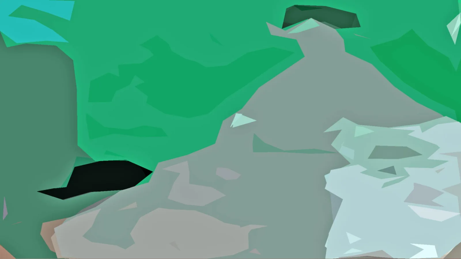 Low-Poly-Grafik mit grünen Flächen, einem grauen Bergrücken in der Mitte und hellblauen Flächen unten rechts.