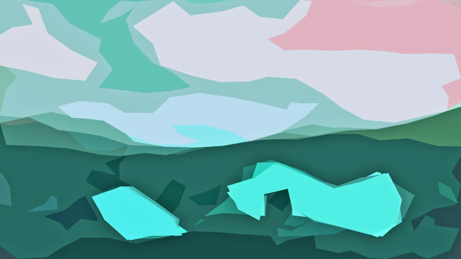 Abstrakte Landschaft aus flächigen, kantigen Formen: oben helle Wolkenflächen in Rosa, Weiß und Hellblau, darunter dunkelgrüne Hügel mit leuchtend türkisen Flächen im Vordergrund.