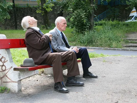 Zwei ältere Männer in Anzug sitzen auf einer roten Parkbank. Der linke lehnt zurückgeneigt mit dem Kopf nach oben, der rechte sitzt aufrecht und blickt geradeaus. Neben dem linken liegt ein grauer Hut auf der Bank, dahinter grünes Laub und ein Gehweg.