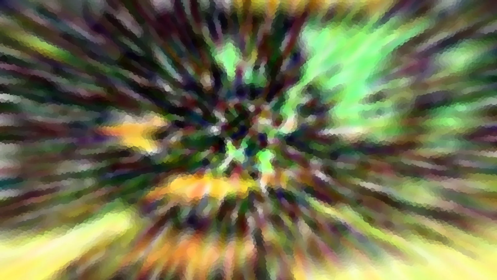 Abstrakte Komposition aus radial von der Mitte nach außen laufenden Streifen in Grün, Gelb, Violett und Schwarz, mosaikartig verpixelt.