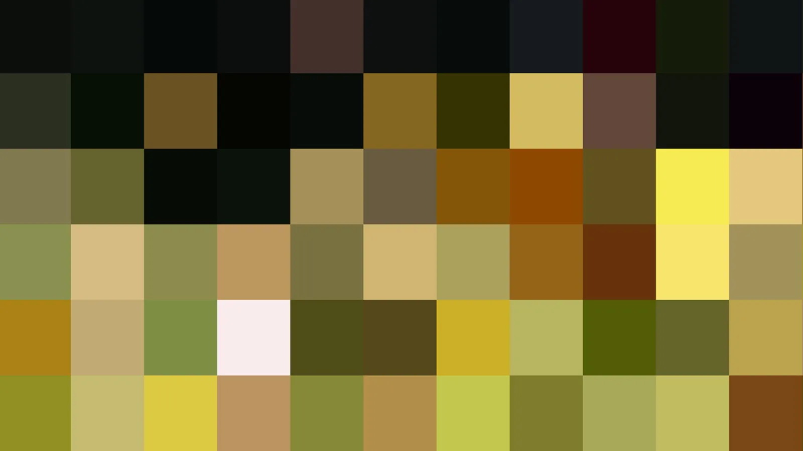 Abstraktes Mosaik aus quadratischen Feldern in Gelb, Ocker, Olivgrün, Braun und Schwarz, dazu ein einzelnes weißliches Feld.