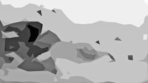 Abstrakte Komposition aus grauen Polygonflächen in verschiedenen Helligkeitsstufen, dunkle Facetten links, helle Flächen oben und rechts, verteilte kleine Dreiecke.
