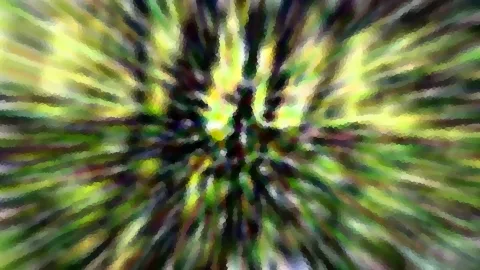 Abstrakte Farbstruktur mit radial verlaufenden Streifen in Grün, Gelb und Schwarz, mosaikartig gepixelt.