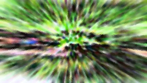Abstrakte Komposition aus grünen, schwarzen und rosafarbenen Schlieren, die von der Bildmitte nach außen laufen.