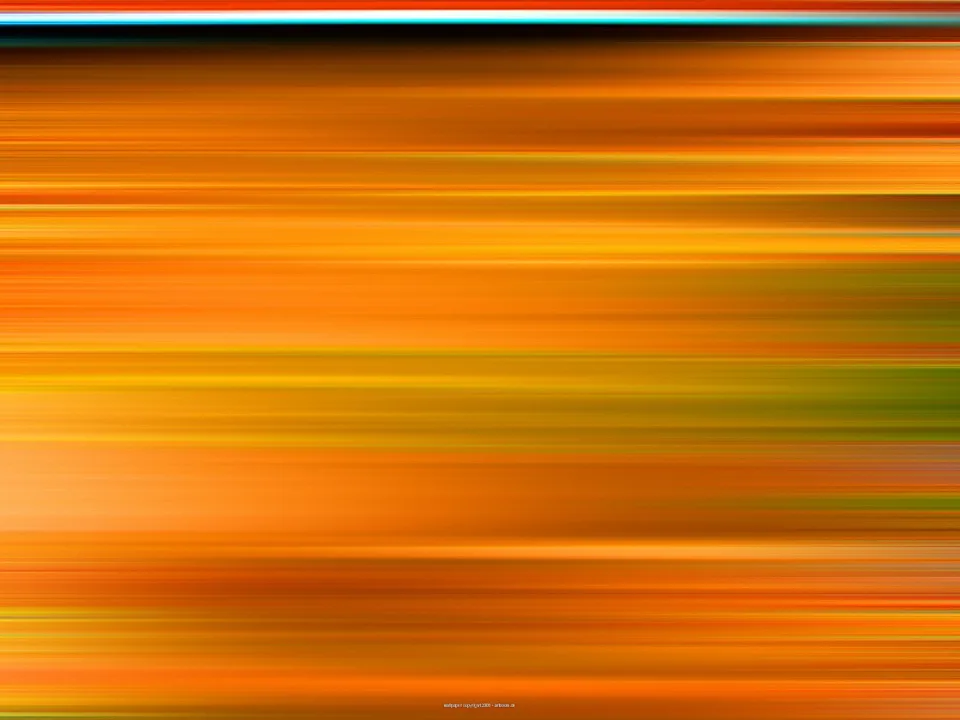 Abstrakte Komposition aus horizontalen, verwischten Streifen in Orange, Gelb, Rot und einzelnen Grün- und Türkistönen, oben ein helles türkisfarbenes Band.
