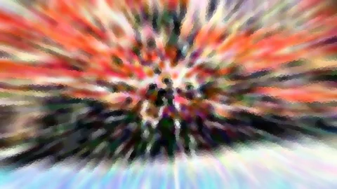 Abstrakte Komposition mit radial von der Mitte nach außen laufenden, verwischten Streifen in Rot, Orange, Grün und Schwarz, darunter helle bläuliche Flächen.
