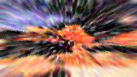 Abstrakte Komposition aus radial verlaufenden Farbschlieren in Orange, Violett und Dunkelgrün, die auf einen hellen Mittelpunkt zulaufen.