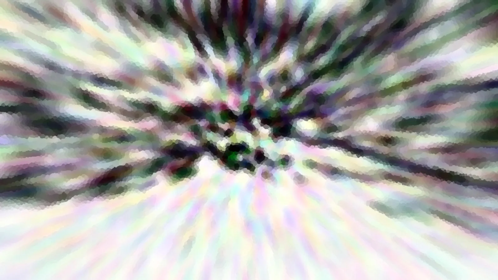 Abstrakte Komposition aus bunten, pastellfarbenen Streifen, die von einem dunklen Zentrum radial nach außen laufen, mit körniger, mosaikartiger Struktur.