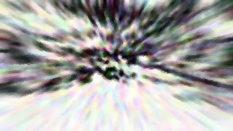 Abstrakte Komposition aus bunten, pastellfarbenen Streifen, die von einem dunklen Zentrum radial nach außen laufen, mit körniger, mosaikartiger Struktur.